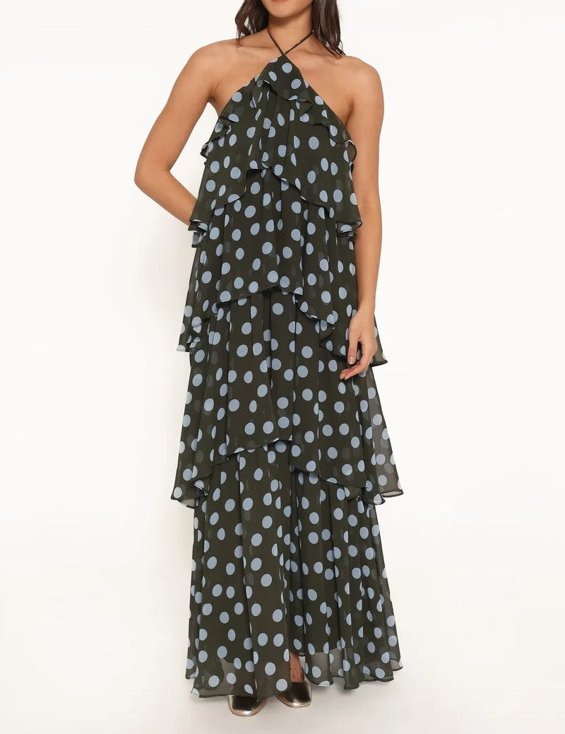 Sukienka maxi w kropki, halter, warstwowe falbany