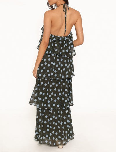 Sukienka maxi w kropki, halter, warstwowe falbany